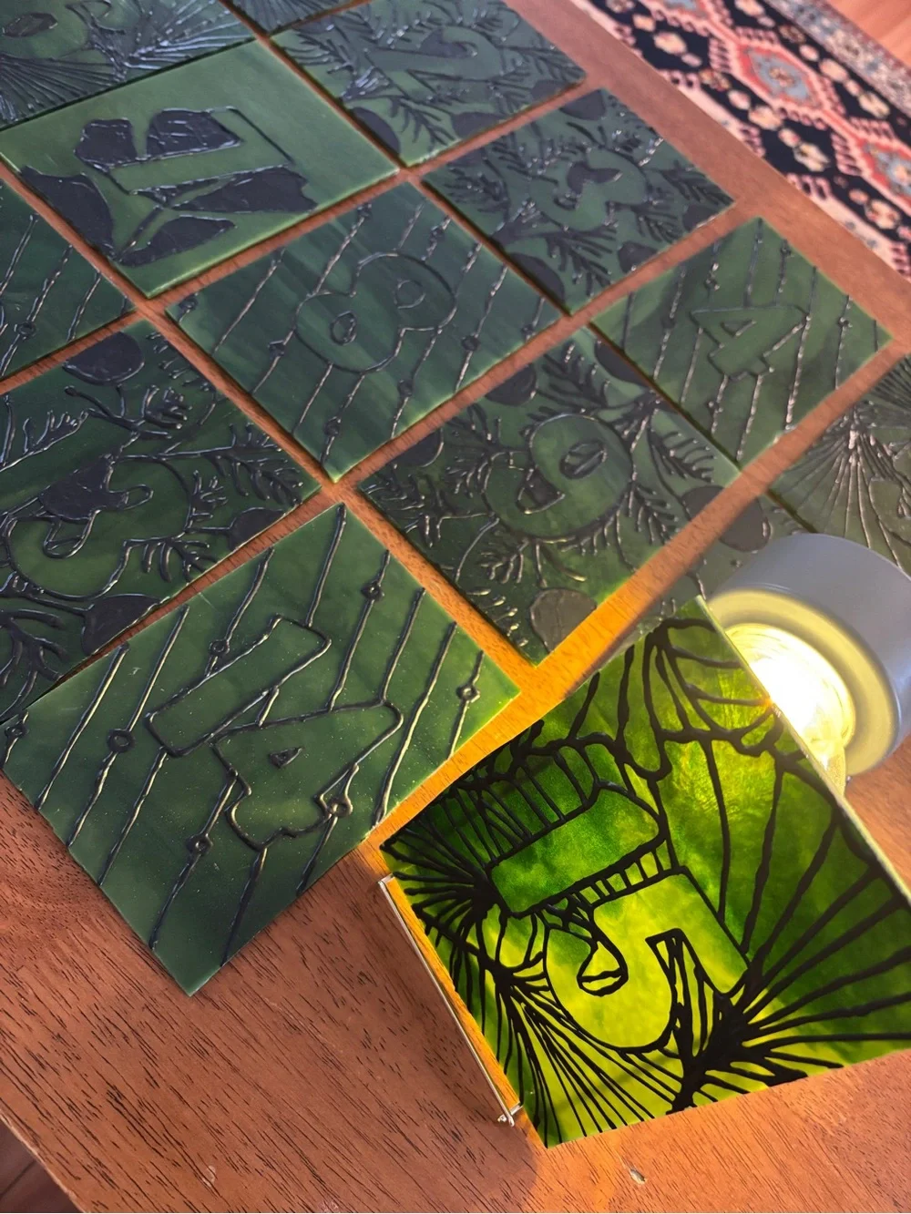 Custom Green Stained Glass Table Numbers. Tables 1-15. With Gold Easels